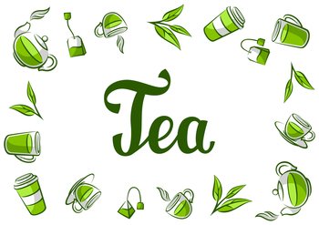 Background with green tea. Illustration with tea and accessories, packs and kettles. Image for advertising and production.. Background with green tea. Illustration with tea and accessories, packs and kettles.