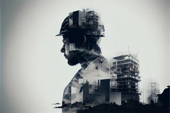 Building construction enginer, building industry concept, double exposure of man’s profile with construction site, illustration. Building construction enginer, building industry concept