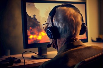 senior man in headphones playing online pc games. senior playing pc games