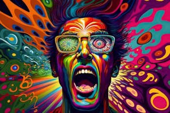 LSD hippie culture concept, man crying, sixties trip. LSD hippie culture concept