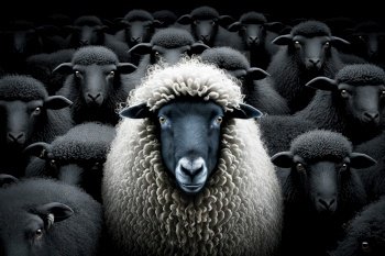 white sheep in black company standing, diversity concept of differen colors. black and white sheep