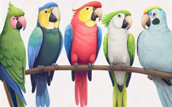 row of parrots over white background. row of parrots