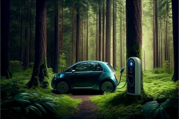 Electric car, clean green energy concept, EV car fefueling in green forest, illustration. Electric car, green energy concept