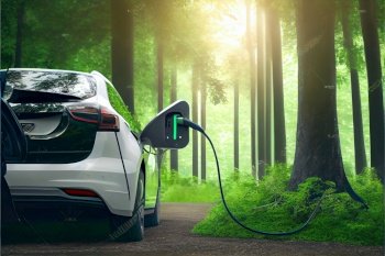 Electric car, clean green energy concept, EV car fefueling in green forest, close up view, illustration. Electric car, green energy concept