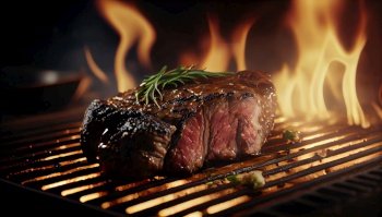 Grilled meat steak, fire in background, ai based illustration. Grilled meat steak, ai based illustration