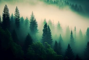 Calm green forest natural background with tree tops and fog. Calm green forest