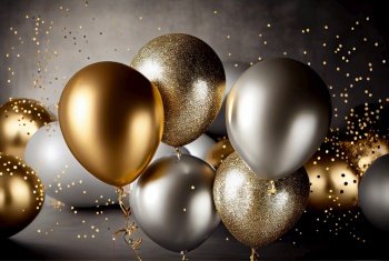 Golden and silver baloons, party festive celebration background. Golden and silver baloons