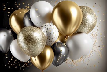 Golden, white and silver baloons, party festive celebration background. Golden and silver baloons
