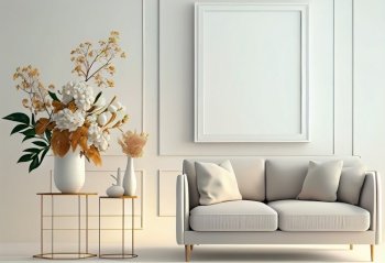 Interior of luxury home, art deco modern trendy living room with copy space on poster, mock up, ai generative. Interior of luxury home mock up, ai generative