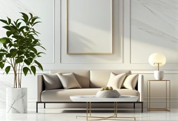 Interior of luxury home, art deco modern trendy living room in white colors with copy space on poster, mock up, ai generative. Interior of luxury home mock up, ai generative