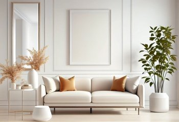 Interior of luxury home, art deco modern trendy living room in white colors with copy space on poster, mock up, ai generative. Interior of luxury home mock up, ai generative