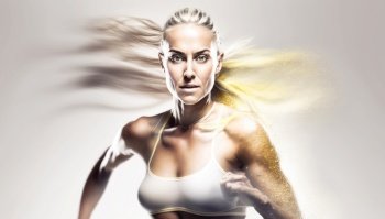 Dynamic young blonde woman is captured mid-stride as she runs with impressive speed and power. Her face is focused and determined, reflecting her intense energy and drive. She wears a crisp white sports top that highlights her toned arms and shoulders, and her hair streams out behind her as she races forward. The simple white background emphasizes her athletic prowess and highlights her athleticism. This image would be perfect for a variety of athletic or motivational concepts, such as fitness training, sports competitions, or energetic lifestyle themes. AI generative illustration