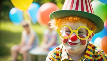 Cheerful image, a young boy dressed up as a clown is captured in a moment of pure joy at a children’s birthday party. The boy’s broad smile is infectious, radiating happiness and energy. He wears bright yellow glasses that match his colorful outfit, and his face is adorned with colorful paint, highlighting his playful character. Surrounding him are colorful balloons, adding to the festive atmosphere of the party. The photo captures a moment of innocent childhood fun, full of laughter and celebration, and is perfect for use in a variety of contexts, from children’s books and magazines to promotional materials for birthday parties and events. AI generative illustration