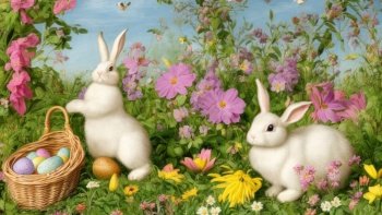 Perfect representation of the joyous spirit of Easter. The two bunnies, with their adorable floppy ears and soft fur, are seen basking in the beauty of the blooming spring garden. They are holding a braided basket, symbolizing the gathering of new beginnings and hope. The pastel colored flowers, in shades of pink, yellow, and blue, add a dreamy and romantic touch to the scene. The garden is a symbol of growth and renewal, reminding us of the rebirth and rejuvenation that spring brings. This image is sure to evoke feelings of happiness, warmth, and peace, making it a great addition to any Easter celebration. .AI generative illustration