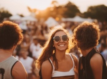 Beautiful moment of a girl enjoying an outdoor summer concert. The golden rays of the setting sun illuminate her long hair, giving it a radiant glow. She is wearing a stylish pair of sunglasses that complement her outfit, adding to the overall cool and chic vibe of the scene. The warm colors of the sunset create a beautiful backdrop for the concert stage and add a sense of intimacy to the moment. The girl’s relaxed posture and serene expression suggest that she is fully immersed in the music and enjoying the experience. The photo is a perfect representation of the carefree and joyful spirit of summer concerts. AI generative illustration