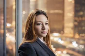 A confident and determined business woman stands in a modern, high-rise office. She is dressed in a sleek, tailored suit and looks out through large windows at the bustling city below. The office space is bright and open, with clean lines and contemporary decor. The woman exudes success and professionalism, embodying the hustle and drive of the corporate world. The view from the windows hints at the endless possibilities and opportunities that the city holds. This image represents ambition, power, and the determination to succeed in the competitive world of business. Generative AI illustrations stock photo
