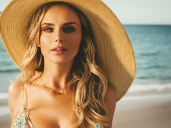 Beautiful blonde woman on a sunny beach takes center stage. She is wearing a large, wide-brimmed summer hat that casts a shadow over her face, adding a touch of mystery to the scene. The woman is facing the ocean, her gaze focused on the distant horizon. The turquoise water of the ocean can be seen in the background, stretching out as far as the eye can see. Gentle waves crash against the shore, providing a soothing soundtrack to the idyllic scene. The woman’s hair, a shimmering mass of golden waves, is caught by the wind, adding a playful element to the image. The sun shines down, bathing the scene in a warm glow, creating the perfect atmosphere for a day of relaxation and peace. AI generative illustration