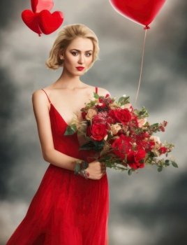 A stylish woman stands tall and confident, dressed in a form-fitting red dress that hugs her curves in all the right places. She holds a bouquet of long-stemmed red roses, tied with a ribbon and accented with delicate baby’s breath. A heart-shaped balloon hovers above the bouquet, adding to the romantic atmosphere. The woman’s hair is styled in loose waves that fall down her back, and she wears a pair of strappy red heels that add to her allure. The dramatic background is lit with a warm light, creating a sense of intimacy and romance. She is the epitome of sophistication and grace, and the bouquet of roses and heart-shaped balloons symbolize her love and affection on this special Valentine’s Day. AI generative illustration