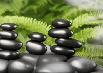 Close-up of black therapy stones stacked in a neat and orderly manner, surrounded by the serene beauty of a zen garden. The stones are smooth and polished, and their dark color creates a striking contrast against the lush green foliage of ferns in the background. The image exudes a sense of calm and peace, and the attention to detail in the placement of the stones suggests a dedication to the principles of balance and harmony in the zen garden. The scene invites the viewer to imagine themselves in a quiet, meditative state, surrounded by the beauty of nature. The use of black stones adds to the sense of grounding and stability, while the lush green foliage provides a visual connection to the natural world. The overall feel of the image is one of tranquility and rejuvenation, offering a glimpse into a world of peace and well-being. AI generative illustration
