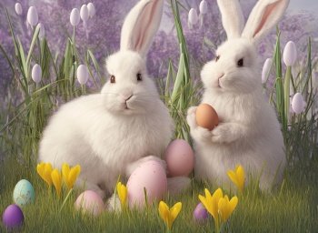 Realistic illustration captures the magic of Easter with its two white bunnies in a colorful garden full of spring flowers. The bunnies, with their lifelike details and soft, fluffy fur, stand out against the lush greenery and the pastel-colored Easter eggs scattered throughout the garden. The flowers, with their bright and vibrant hues, create a playful and joyous atmosphere, perfectly reflecting the spirit of spring. The bunnies, one with its long floppy ear and the other with a cheeky grin, add a touch of whimsical charm to the scene. The attention to detail in this illustration, from the intricate patterns on the flowers to the soft texture of the bunnies’ fur, brings a sense of realism and wonder to the image. This illustration is a perfect representation of the joy and magic of Easter.. AI generative illustration