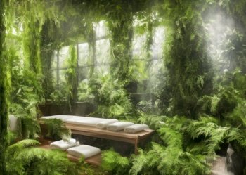Atmosphere of a tranquil and inviting massage room. The massage table is draped with pristine white towels, ready for a client’s arrival. The room is bathed in warm light, and the walls are covered in lush green ferns, creating a sense of being enveloped in nature. The air is thick with steam, adding to the relaxation and rejuvenation of the space. The attention to detail, from the crisp white towels to the carefully placed ferns, suggests a commitment to providing a comfortable and rejuvenating experience. The overall feel of the image is one of peace and calm, making it easy to imagine the stress of daily life melting away during a massage in this serene setting. The image invokes a sense of indulgence and escape, offering a glimpse into a world of relaxation and pampering.. AI generative illustration