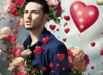 A dark haired man in a blue shirt stands amidst a romantic setting on Valentine’s Day. He is surrounded by an array of hearts, roses, and heart-shaped balloons. The blue shirt brings out the color of his eyes, while his well-groomed hair gives him a charming appearance. The hearts, roses, and balloons are symbols of love and affection, reflecting the celebratory spirit of the occasion. The man looks content and happy, perhaps anticipating a special moment with someone he loves. The overall scene portrays the joy and excitement of the holiday, capturing the essence of love and romance. it. AI generative illustration