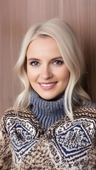 Beautiful blonde girl standing against a wooden wall, showcasing a stunning knitted Icelandic sweater. The sweater, made from a rich blend of natural wool, boasts a complex design of intricate patterns and unique color combinations. The girl looks confident and proud, her hair styled in loose waves, and her eyes gazing directly at the camera. The wooden wall serves as a perfect backdrop, highlighting the beauty of the sweater and the girl’s natural charm. The sweater’s warmth and coziness can be felt through the image, making it a perfect representation of the comfort and beauty of Icelandic knitwear. AI generative illustration