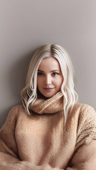Beautiful blonde girl who is seated up against a monochromatic grey wall. She looks comfortable and relaxed as she rests her back against the wall, her long hair falling in gentle waves over her shoulders. The young woman is dressed in a stylish brown knitted sweater that showcases a traditional Nordic design, featuring intricate patterns that are woven into the fabric. The sweater has long sleeves and a round neckline, which creates a warm and cozy appearance that is perfect for colder weather. The girl’s facial expression is calm and serene, suggesting that she is taking a moment of peace and solitude. The overall vibe of the picture is one of comfort and relaxation, with a touch of style and elegance. AI generative illustration
