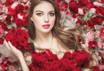 Young woman with flowing brown hair surrounded by red roses on Valentines Day. Wearing make up and looking stunning. AI generative image