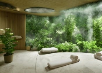 A spacious spa and wellness room, enveloped in a warm, inviting atmosphere. The room is filled with lush green plants, creating a sense of being surrounded by nature. In the center, a massage table and sauna are visible, both ready for use and emitting steam. The use of natural materials, such as wood and stone, add to the earthy feel of the space. The overall feel of the image is one of calm and relaxation, inviting the viewer to imagine themselves being pampered in this serene setting. The attention to detail, such as the carefully placed plants and the soothing glow of the steam, suggests a commitment to providing a well-rounded spa experience. The image inspires thoughts of escape and indulgence, offering a glimpse into a world of rejuvenation and peace. AI generative illustration