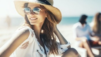 Woman is enjoying a sunny summer holiday. In a picturesque location in the summer sun The woman is dressed in a colorful outfit that complements her sun-kissed skin, and her radiant smile exudes happiness and relaxation. The perfect picture of a carefree vacation. AI generative illustration