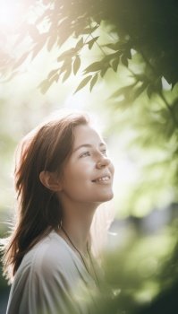 Beautiful girl on a sunny morning in springtime is captured with vibrant colors and bright light. The overall ambiance is joyous and happy, evoking a sense of renewal and freshness. AI generative illustration