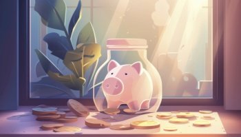 A cute pink piggy bank stands alone in a dimly lit room, symbolizing the concept of economy savings. Its cute appearance contrasts with the moody light, highlighting the importance of financial responsibility in a sometimes gloomy world. AI generative illustration