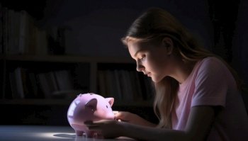 Young girl counting her money in her kids room with a Pink piggy bank, symbolizing the concept of private economy and family savings. Generative AI illustration.