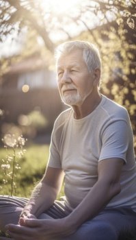 Energetic elderly man meditating He exudes vitality, with a fit and toned physique, wearing comfortable sports attire. The lush greenery in the background adds to the freshness of the scene, portraying a positive, healthy and active lifestyle. Generative AI illustration.