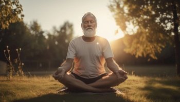 Energetic elderly man meditating He exudes vitality, with a fit and toned physique, wearing comfortable sports attire. The lush greenery in the background adds to the freshness of the scene, portraying a positive, healthy and active lifestyle. Generative AI illustration.
