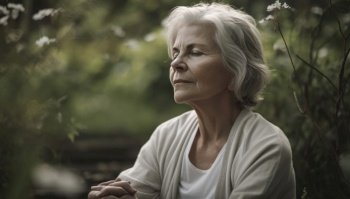 Serene senior woman doing meditation. Her age is evident from her silver hair and wrinkles, but her upright posture and peaceful expression convey a healthy vitality. The natural light and soft colors add to the tranquil atmosphere. Generative AI illustration.