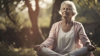 Serene senior woman doing meditation. Her age is evident from her silver hair and wrinkles, but her upright posture and peaceful expression convey a healthy vitality. The natural light and soft colors add to the tranquil atmosphere. Generative AI illustration.