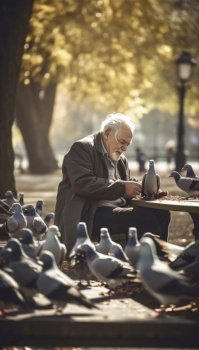 An elderly man sits on a bench in a park, surrounded by a flock of pigeons as he feeds them. Despite the birds’ presence, the man’s expression is one of solitude and loneliness, highlighting the emotional struggles faced by many older individuals in society. Generative AI illustration.