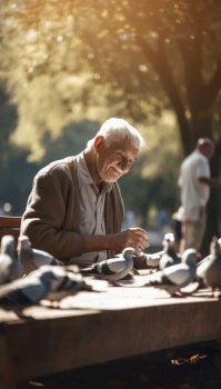 An elderly man sits on a bench in a park, surrounded by a flock of pigeons as he feeds them. Despite the birds’ presence, the man’s expression is one of solitude and loneliness, highlighting the emotional struggles faced by many older individuals in society. Generative AI illustration.