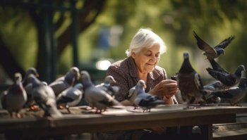 Elderly woman sits on a bench in a park, surrounded by pigeons she is feeding. Despite the hustle and bustle of the city around her, she appears lonely and isolated, gazing off into the distance with a pensive expression on her face. Generative AI illustration.