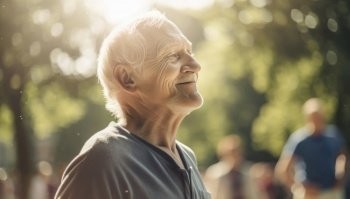 Sprightly elderly man radiating with vitality and positivity. He appears to be in excellent health, with a glowing complexion and a bright smile. His active lifestyle is evident from his upright posture and the vibrant scenery in the background, suggesting a life well-lived. Generative AI illustration.