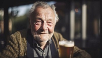 elderly man with a glowing smile is holding a glass of beer, as he radiates an aura of health and wellness. He appears content and relaxed, embodying a positive lifestyle and zest for life. Generative AI illustration.