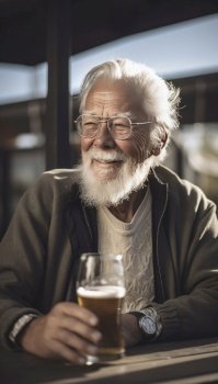 elderly man with a glowing smile is holding a glass of beer, as he radiates an aura of health and wellness. He appears content and relaxed, embodying a positive lifestyle and zest for life. Generative AI illustration.