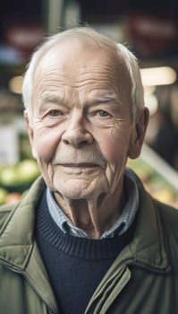 Elderly senior man with a vibrant and healthy appearance is seen grocery shopping. He exudes positivity and vitality as he goes about his errands, picking out fresh and nutritious food items for his meals. Generative AI illustration.