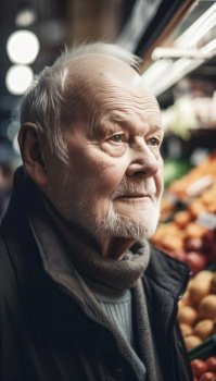 Elderly senior man with a vibrant and healthy appearance is seen grocery shopping. He exudes positivity and vitality as he goes about his errands, picking out fresh and nutritious food items for his meals. Generative AI illustration.