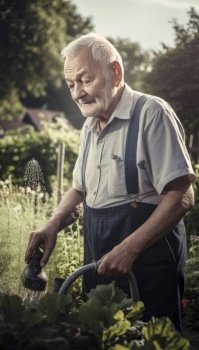 Elderly man with a with a concetrated expression tending to his flourishing garden. He exudes vitality and good health, as he waters his plants with care and tenderness. It is clear that his positive lifestyle and love for nature have contributed to his well-being in his golden years. Generative AI illustration.