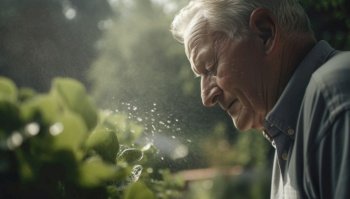 Elderly man with a with a concetrated expression tending to his flourishing garden. He exudes vitality and good health, as he waters his plants with care and tenderness. It is clear that his positive lifestyle and love for nature have contributed to his well-being in his golden years. Generative AI illustration.