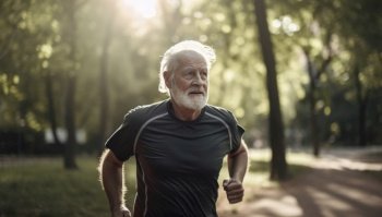 Energetic elderly man with a beaming smile can be seen jogging in a park. He exudes vitality, with a fit and toned physique, wearing comfortable sports attire. The lush greenery in the background adds to the freshness of the scene, portraying a positive, healthy and active lifestyle. Generative AI illustration.