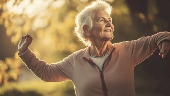 Elderly senior woman is depicted outdoors in the springtime, engaging in a physical exercise routine that reflects a healthy lifestyle. She appears to be focused and energized, with a serene expression on her face as she moves through her routine. Generative AI illustration.